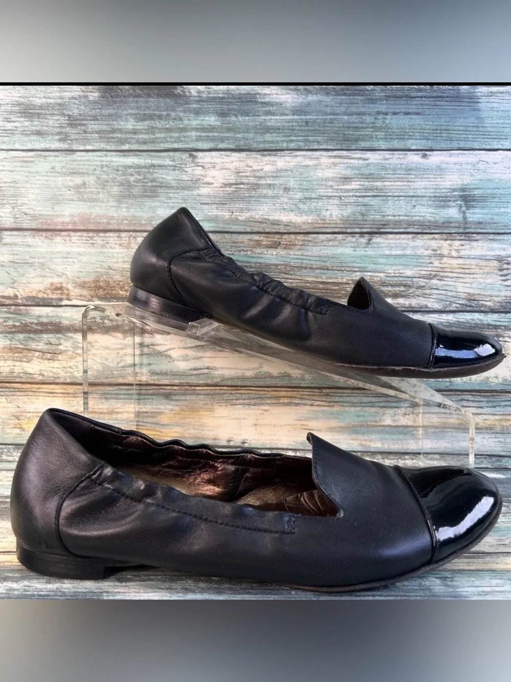AGL Patent Cap Toe Ballet Flats Womens 8 Black Leather Stretch Trim Dress Shoes